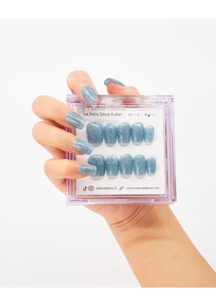 10'lu Mavi Kısa Balerin TT1244 Tekrar Kullanılabilir El Yapımı Protez Takma Tırnak - Mavi-S