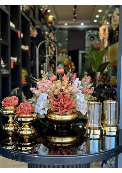 Yapay Çiçekli Gold Yassı Vazo 5 Parça Set No:8