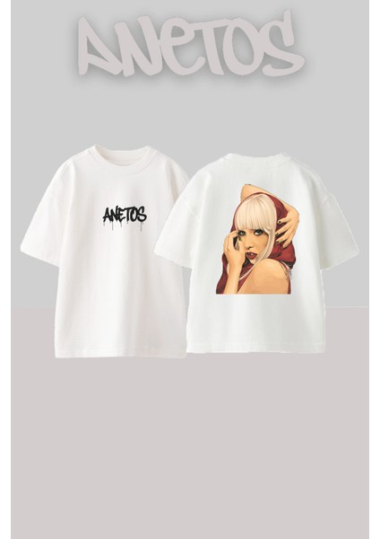 Lady Gaga 4 Tasarım Sırt Baskılı Pamuk Beyaz Oversize T-Shirt