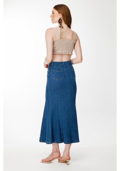 Pile Görünümlü Kot Etek-Lacı