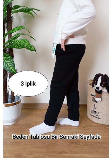 Çocuk Siyah 3 Iplik Şardonlu Paçası Lastikli Kışlık Eşofman Altı