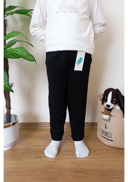 Çocuk Siyah 3 Iplik Şardonlu Paçası Lastikli Kışlık Eşofman Altı