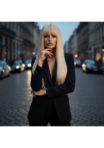 Düz Perçemli Uzun Fiber Sentetik Peruk / Platin