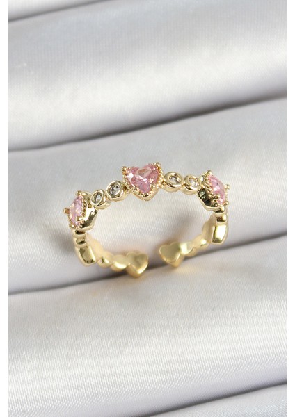 Pirinç Sıralı Kalp Figürlü Zirkon Taşlı Gold Renk Ayarlanabilir Kadın Yüzük