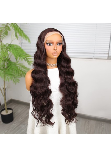 Koyu Kumral Ekstra Uzun Fiber Sentetik Dalgalı Tül Peruk modelleri