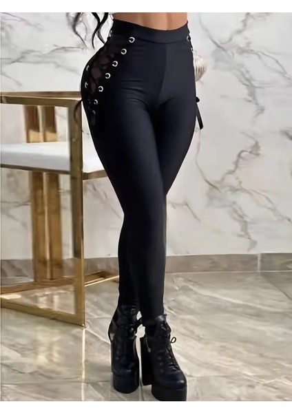 Kadın Yüksek Bel Çapraz Bağcıklı Tül Detaylı Dalgıç Tayt fırsatları