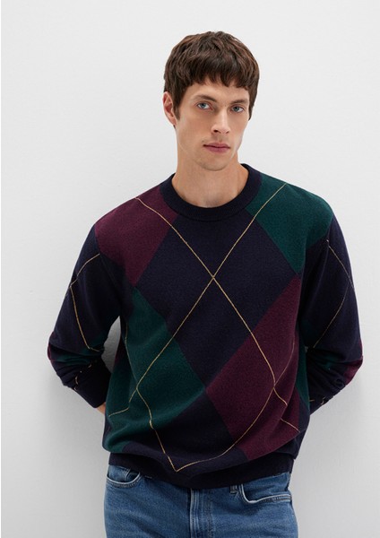 Yün Karışımlı Baklava Desenli Lacivert Kazak 0710334-70497