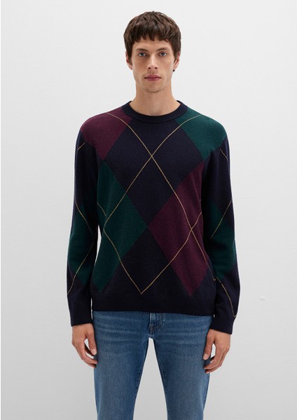 Yün Karışımlı Baklava Desenli Lacivert Kazak 0710334-70497