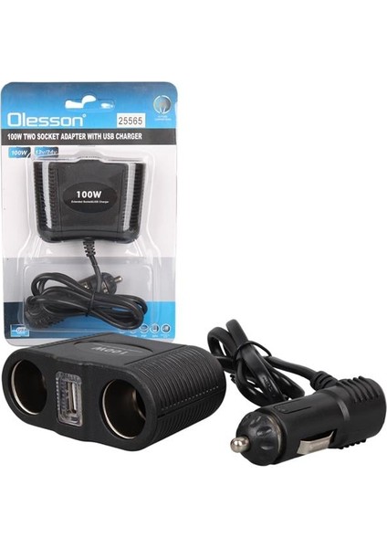 1645 12-24V Tek USB Girişli 100W 70CM Kablolu 2'li Araç Çakmak Çoklayıcı
