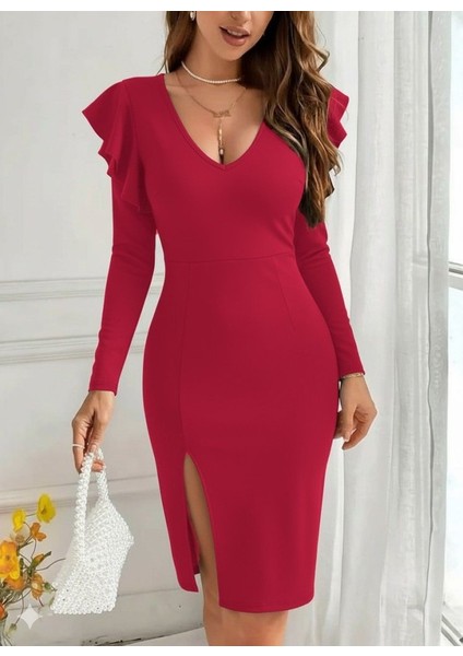 Kadın Uzun Kollu V Yakalı Yandan Yırtmaçlı Midi Ithal Krep Elbise modelleri