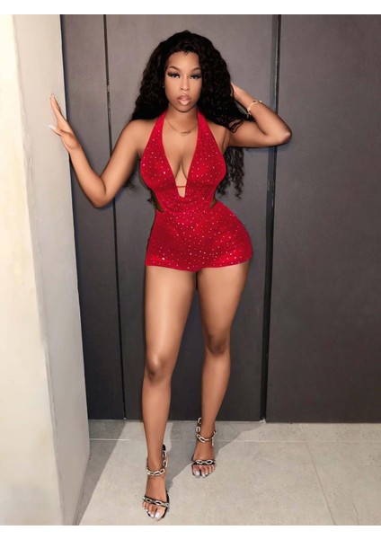 Kadın Kırmızı Parlak Gece Elbisesi 5039 fırsatları