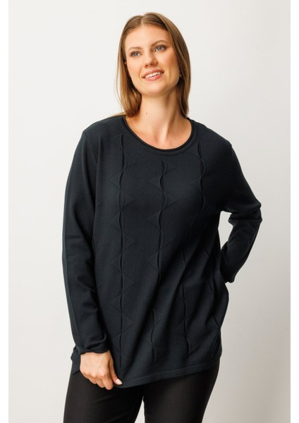Kadın Büyük Beden Kendinden Desenli Triko Kazak 65329 Siyah
