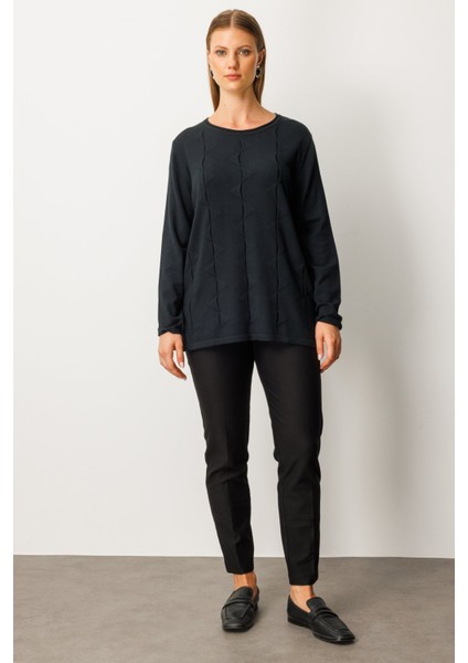 Kadın Büyük Beden Kendinden Desenli Triko Kazak 65329 Siyah fiyatları