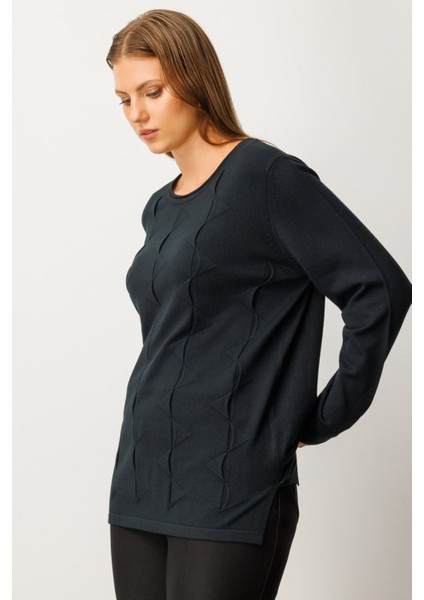 Kadın Büyük Beden Kendinden Desenli Triko Kazak 65329 Siyah modelleri