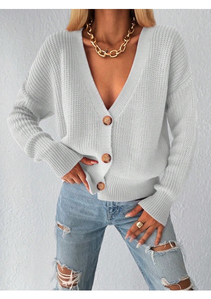 Kadın Uzun Kollu Düğme Detay Triko Bluz