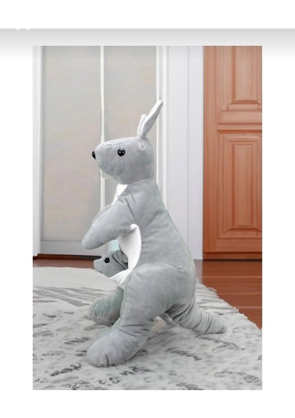 Sevimli Yavrulu Kanguru Yumuşak Peluş Oyuncak (45 Cm) Gri