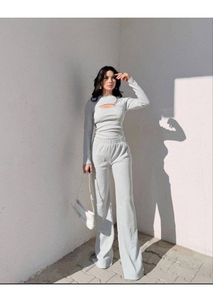 Pencere Detay Bluz Bol Paça Yırtmaçlı Pantlon Takım