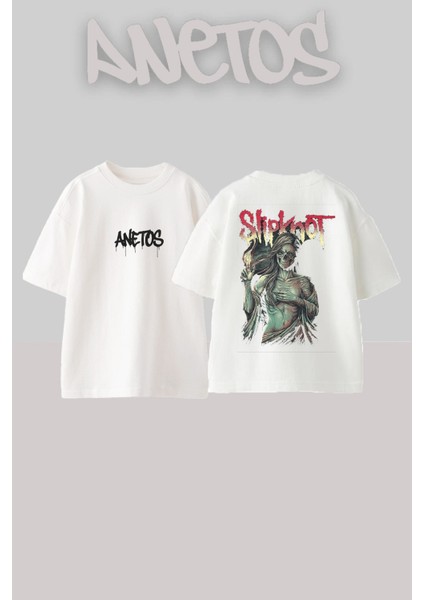 Slipknot 2 Tasarım Sırt Baskılı Pamuk Beyaz Oversize T-Shirt