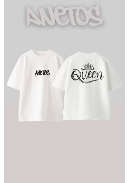 Queen 8 Tasarım Sırt Baskılı Pamuk Beyaz Oversize T-Shirt