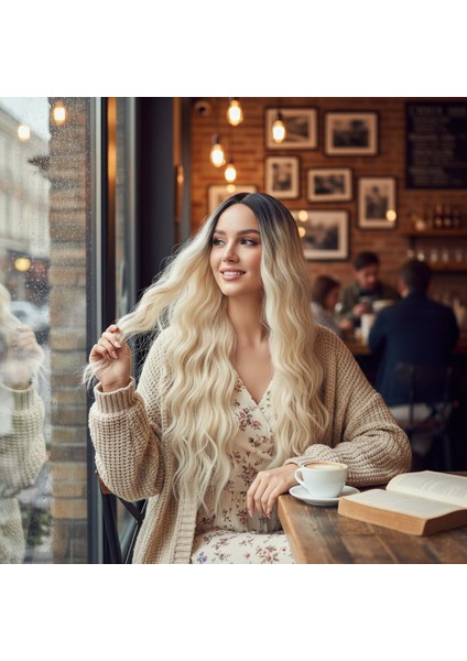 Uzun Su Dalgası Fiber Sentetik Peruk / Kahve / Platin Ombre