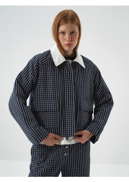 Kadın Lacivert Modern Ekose Oversize Ceket