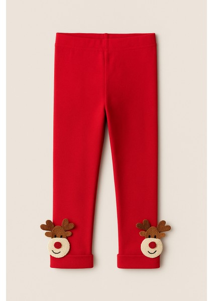 Çocuk Geyik Aksesuarlı Pamuklu Tayt Pantolon Kırmızı