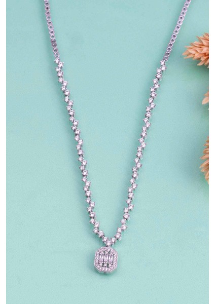 Pırlanta Montür Sıralı Tek Taş Rodyum Kaplama Baget Gümüş Kolye fırsatları