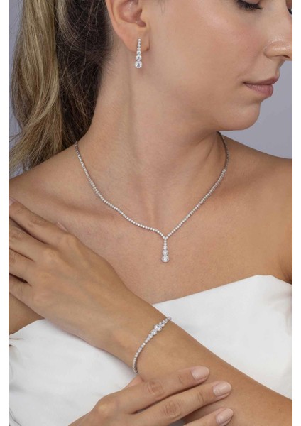 Pırlanta Montür Yuvarlak Kesim Su Yolu Gümüş Düğün Seti