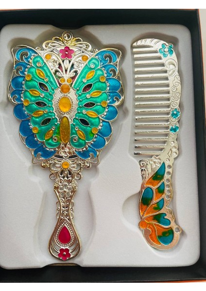 Ayna Tarak Seti, Kutulu-Metal-Hediyelik Takım, 13CM Aynalı Saç Fırçası, Tavuskuşu Figürlü