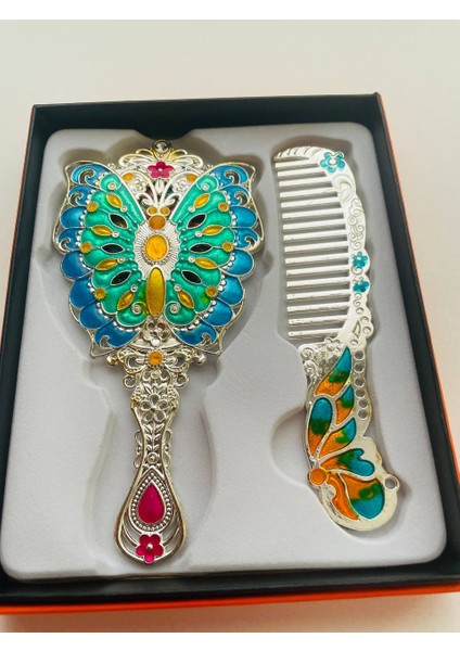 Ayna Tarak Seti, Kutulu-Metal-Hediyelik Takım, 13CM Aynalı Saç Fırçası, Tavuskuşu Figürlü modelleri
