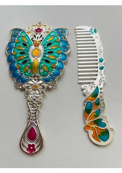 Ayna Tarak Seti, Kutulu-Metal-Hediyelik Takım, 13CM Aynalı Saç Fırçası, Tavuskuşu Figürlü