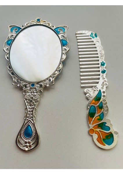 Ayna Tarak Seti, Kutulu-Metal-Hediyelik Takım, 13CM Aynalı Saç Fırçası, Tavuskuşu Figürlü