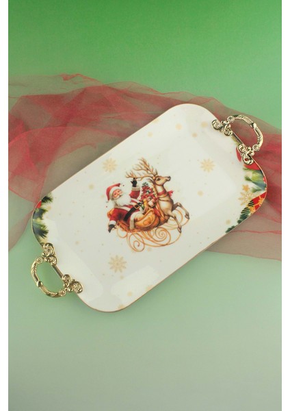 Christmas Reindeer Gold Metal Saplı Porselen Tepsi