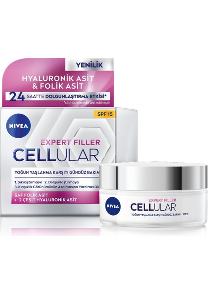 Nıvea Cellular Expert Filler Yoğun Yaşlanma Karşıtı Gündüz Bakım Yüz Kremi 50ML, SPF15, Hyaluronik Asit, Folik Asit