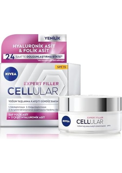 Nıvea Cellular Expert Filler Yoğun Yaşlanma Karşıtı Gündüz Bakım Yüz Kremi 50ML, SPF15, Hyaluronik Asit, Folik Asit modelleri