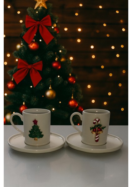 Çam Ağacı ve Baston Aksesuarlı 2 Kişilik Derya Porselen Kahve Seti, Yılbaşı Hediyelik Fincan