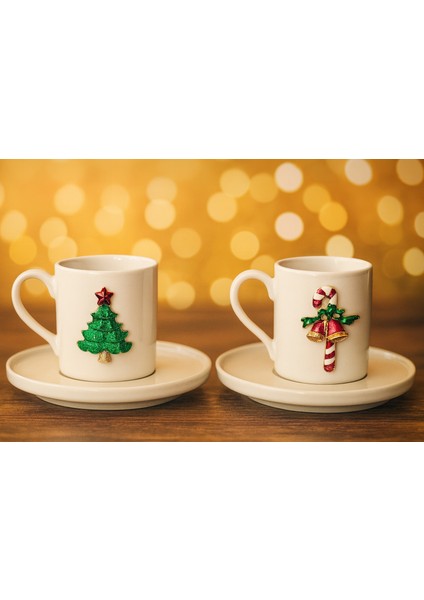 Çam Ağacı ve Baston Aksesuarlı 2 Kişilik Derya Porselen Kahve Seti, Yılbaşı Hediyelik Fincan fiyatları