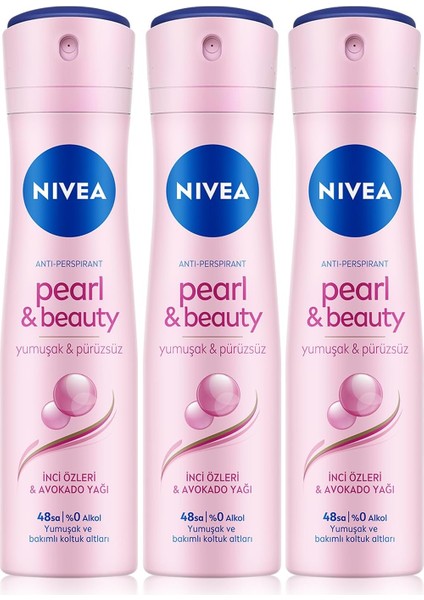 Nıvea Kadın Sprey Deodorant Pearl&beauty, Ter ve Ter Kokusuna Karşı 48 Saat Anti-Perspirant Koruma 150ML x 3 Adet, Pürüzsüz Koltuk Altı, Avantajlı Paket