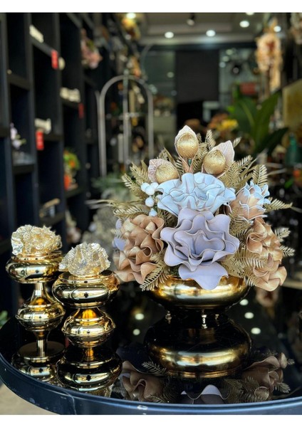 Yapay Çiçekli Gold Yassı Vazo 3 Parça Set No:7