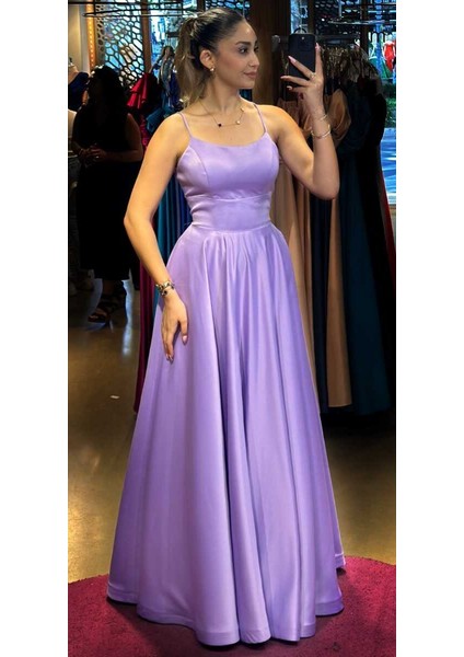 Lila Ip Askılı Sırt Dekolteli Kloş Etekli Saten Uzun Abiye Elbise 7590