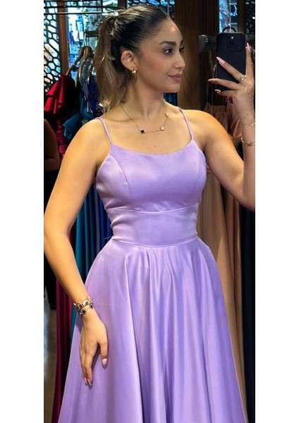 Lila Ip Askılı Sırt Dekolteli Kloş Etekli Saten Uzun Abiye Elbise 7590 fiyatları