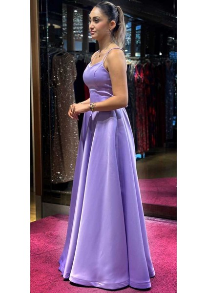 Lila Ip Askılı Sırt Dekolteli Kloş Etekli Saten Uzun Abiye Elbise 7590 modelleri