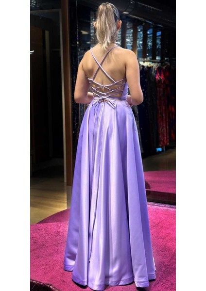 Lila Ip Askılı Sırt Dekolteli Kloş Etekli Saten Uzun Abiye Elbise 7590 fırsatları