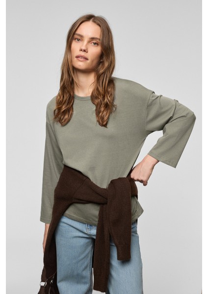 Basıl Kadını Oversize %100 Organik Pamuk Örme Uzun Kol Koyu Gri T-Shirt modelleri