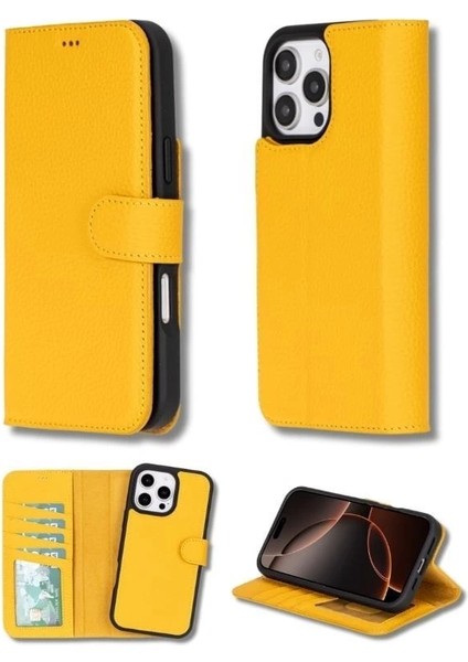 Apple iPhone 16 Pro Uyumlu, Hakiki Deri, El Yapımı, Cüzdanlı Kılıf, Limon Sarı