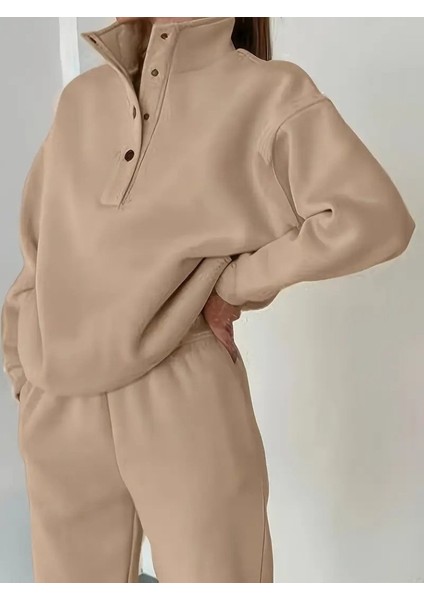 Kadın Uzun Kollu Balıkçı Dik Yakalı Düğmeli Üç Iplik Bluz ve Pantolon Ikili Takım