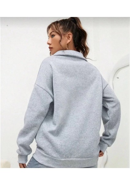 Unisex Uzun Kol Yarım Farmuarlı Yakalı Basic Sweatshirt - Gri modelleri