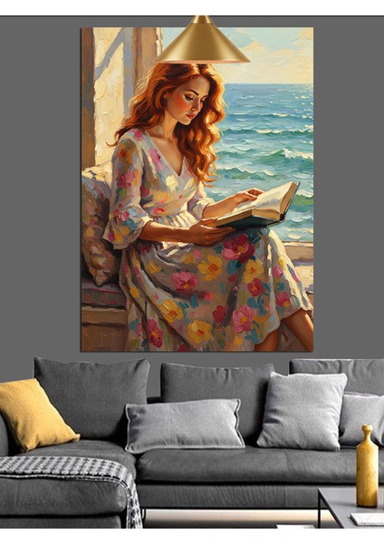 Kitap Okuyan Uzun Dalgalı Saçlı Genç Kadın Dekoratif Kanvas - Mdf Ahşap Tablo