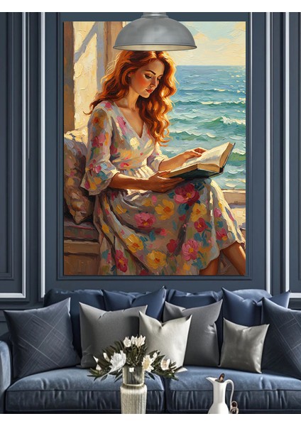 Kitap Okuyan Uzun Dalgalı Saçlı Genç Kadın Dekoratif Kanvas - Mdf Ahşap Tablo fiyatları