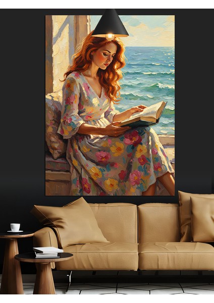 Kitap Okuyan Uzun Dalgalı Saçlı Genç Kadın Dekoratif Kanvas - Mdf Ahşap Tablo indirimleri